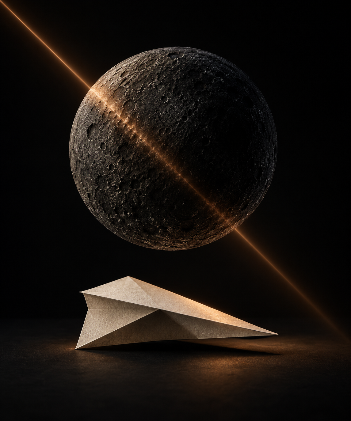 A dark celestial sphere hovering above folded paper, crossed by a warm beam of light